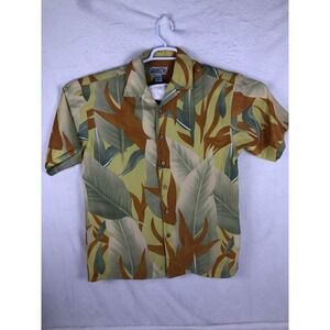 Island 2 Island Shirt Mens Large Green Orange Leaf Print Hawaiian Aloha Camp